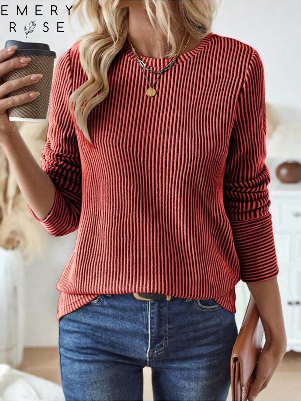 Emery Rose Women's Striped Red Long-Sleeve Ribbed Tee